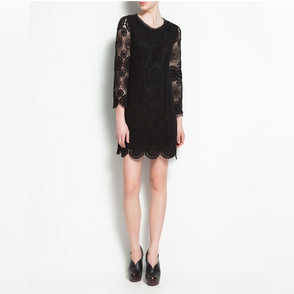 ZARA | Black Crochet Cotton Mini Scalloped Shift Dress - Picture 2 of 9